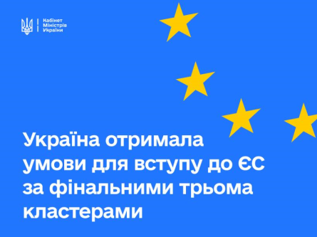 Зображення ілюстративне - на блакитному тлі у правому верхньому куті зображені золотисті зірки. У нижній частині напис білими літерами: Україна отримала умови для вступу до  ЄС за фінальними трьома кластерами