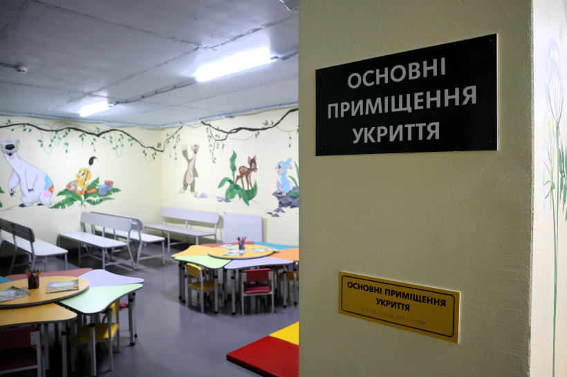 На фото — укриття, облаштоване для перебування дітей.
Приміщення світле, чисте та пристосоване для тривалого перебування малечі. Стіни оздоблені яскравими малюнками із героями дитячих мультфільмів, що створює доброзичливу та спокійну атмосферу.

У кімнаті встановлені зручні лавки, кольорові столи та стільчики, розкладені розвивальні матеріали й олівці — усе необхідне для того, щоб діти могли проводити час з користю навіть під час тривоги.
На стіні при вході розміщено табличку «Основні приміщення укриття», що вказує на належну організацію простору та відповідність вимогам безпеки.