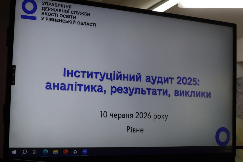 На інтрактивній дошці виведено презентацію. В центрі напис: Інституційний аудит 2025 рік - аналітика, результати, виклики