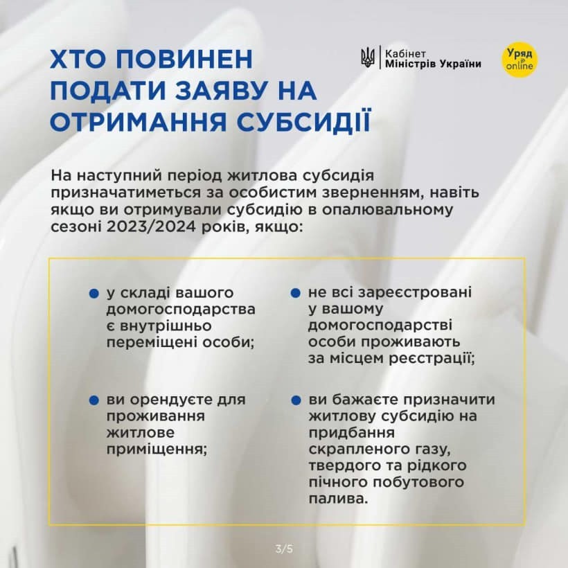На зображенні - інфографіка з інформацією хто має звернутися за субсидією на наступний період