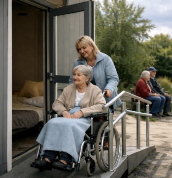 Фото ілюстративне - на фото жінка допомагає літній людині в кріслі колісному виїхати з приміщення по пандусу. На задньому плані видно ще кількох літніх людей, які відпочивають на лавці. Атмосфера спокійна, з відчуттям турботи та підтримки.