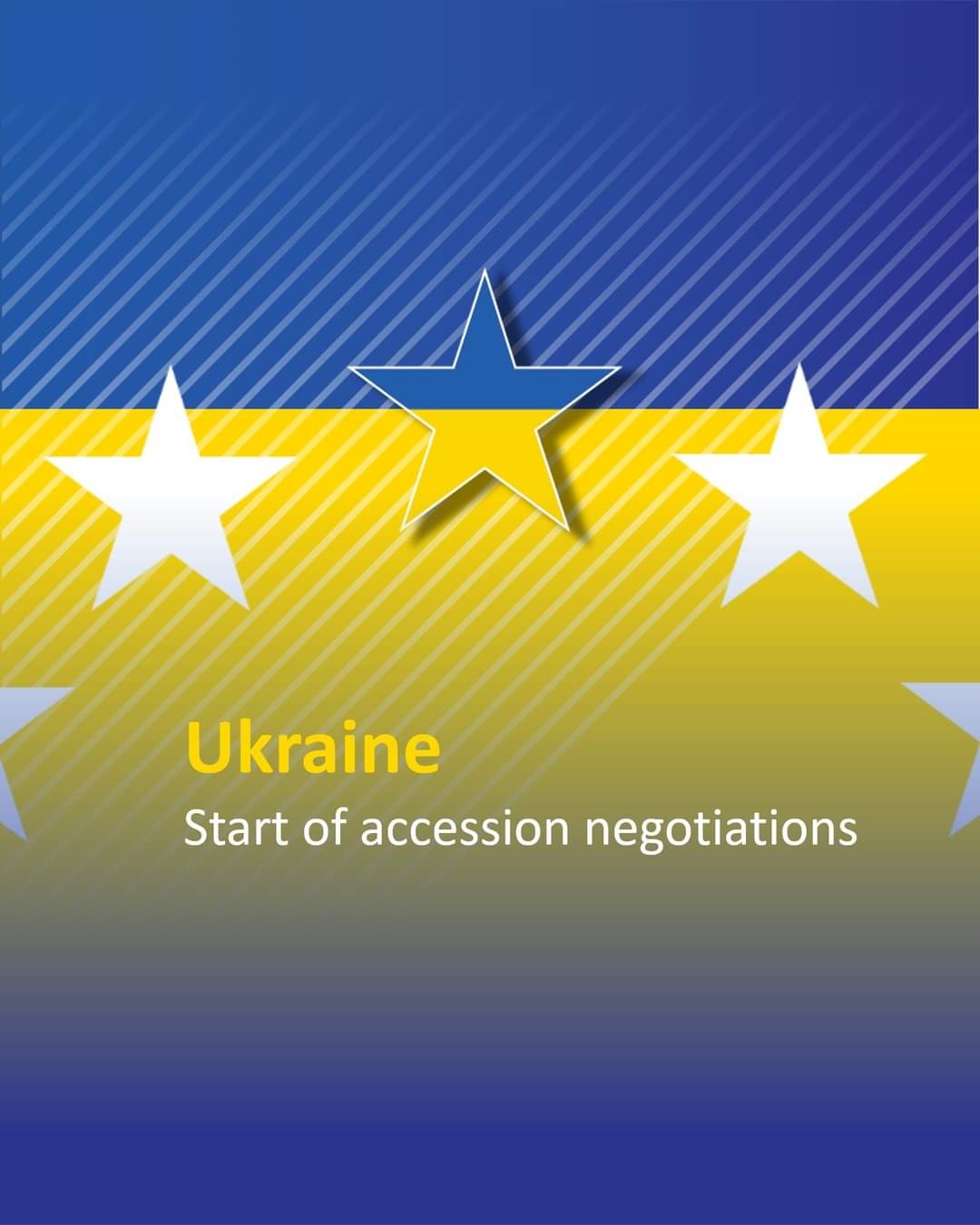 Стилізоване зображення з синьо-жовтим фоном, що символізує прапор України. Зверху на фоні розміщено пять зірок: чотири білі та одна, розміщена в центрі, двокольорова (синьо-жовта).