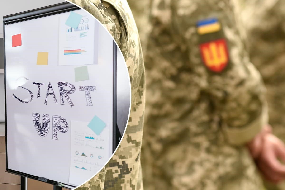 Ліва частина показує білу дошку з написом "START UP", прикрашену різнокольоровими стікерами та графіками. Права частина зображує людину у військовій формі з українським прапором і нашивкою на рукаві.