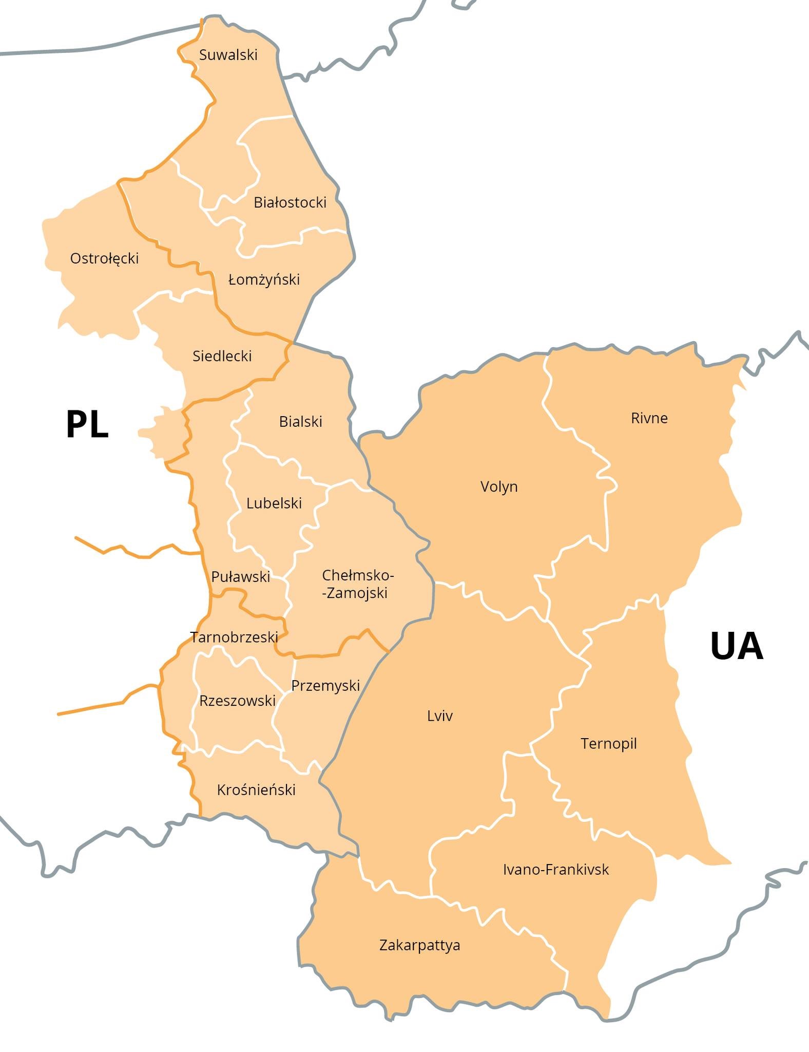 Карта прикордонних регіонів Республіки Польща та України